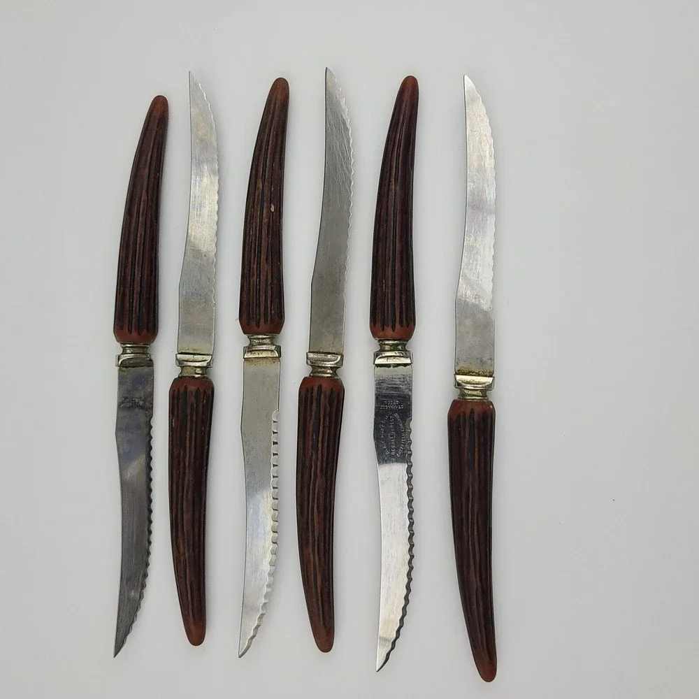 6 Vtg Regal Crest Steak Knives Sheffield England Stag Type Handles Stainless
